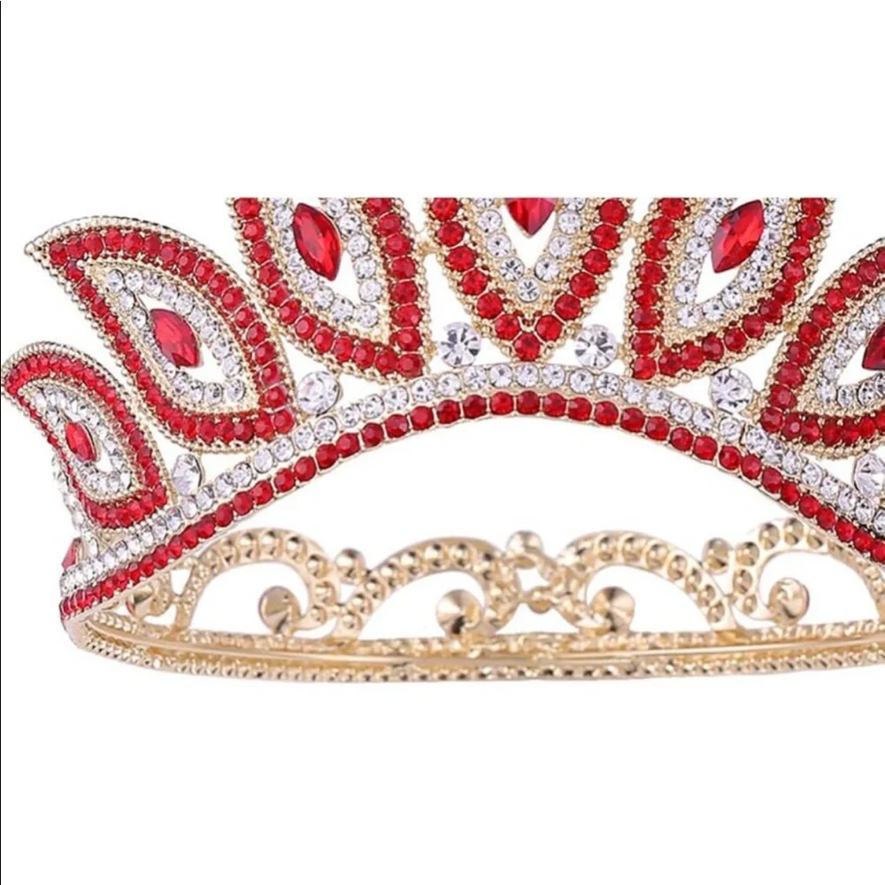 New Ruby and Diamond Rhinestone Gold Metal Crown Tiara Custom Wedding Bridal